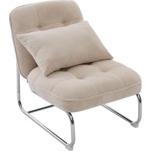 Sillón de terciopelo de canalé beige con patas cromadas