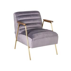 Sillón de terciopelo gris con estructura de acero