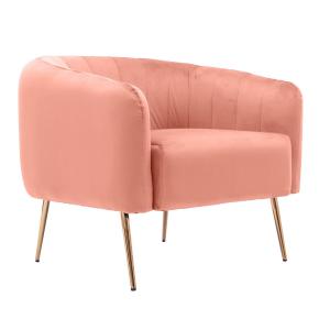 Sillón de terciopelo rosa con patas doradas.