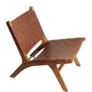 Sillón en madera teca y cuero marrón