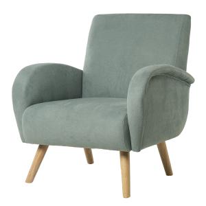 Sillón en tejido con reposabrazos y patas de madera menta.