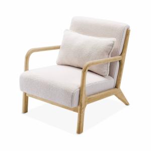 Sillón escandinavo de madera y tela borreguito, blanco