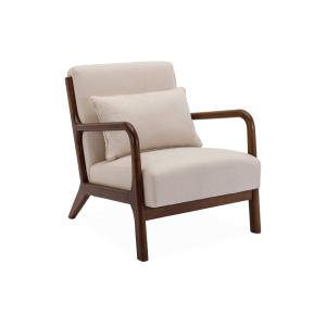 Sillón escandinavo de tela y madera de hevea, beige
