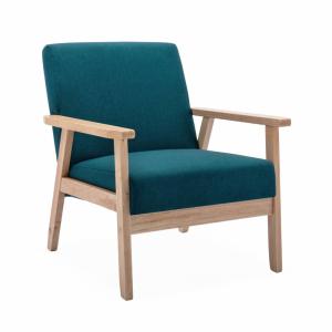Sillón estilo escandinavo de madera y tela, azul esmeralda