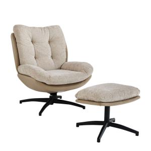 Sillón giratorio de tela beige con reposapiés