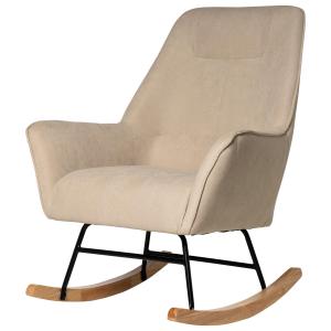 Sillón mecedora tapizado beige con estructura negra y patas…