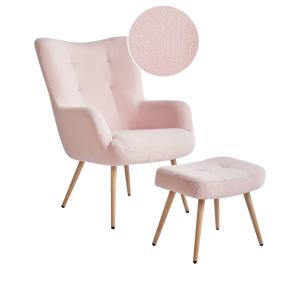 Sillón orejero  con reposapiés Bouclé Rosa pastel