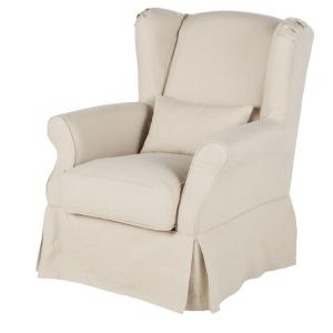 Sillón orejero de lino beige con patas de abedul negro