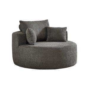Sillón redondo de chenilla gris con un toque acogedor.