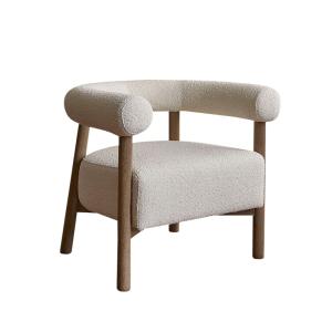 Sillón redondo de roble macizo y tejido bouclette color cru…