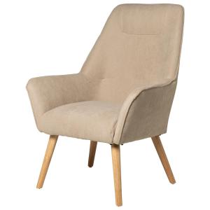 Sillón tapizado beige con respaldo alto y patas de roble.