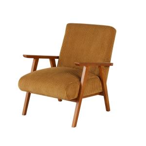 Sillón vintage de madera de haya y pana amarillo mostaza