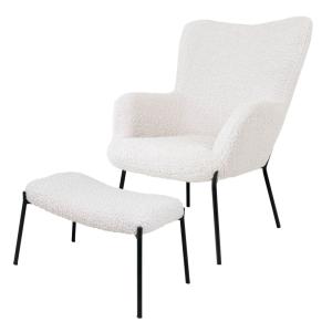 Sillón y reposapiés vintage de tejido bouclé color crudo