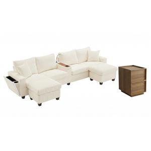 Sofá beige de pana y mesa auxiliar de madera con cajones