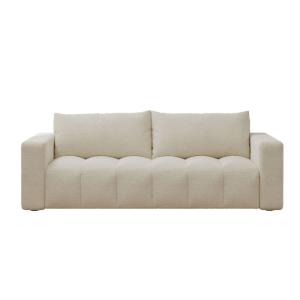 Sofá cama de 3 plazas con cofre de bouclé beige.