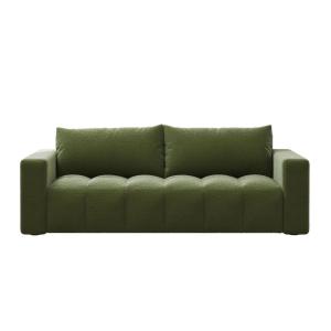 Sofá cama de 3 plazas con cofre de bouclé verde.