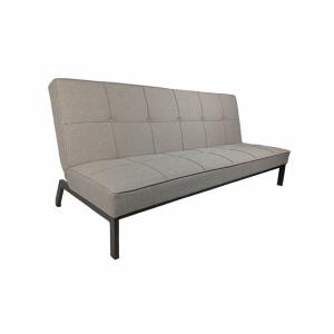 Sofá cama de 3 plazas tapizado en tela gris y patas de meta…