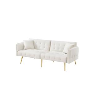 Sofá cama de tela de 2 plazas con patas doradas, color blan…
