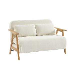 Sofá cama en borreguito y madera, 2 plazas, crema