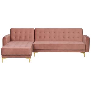 Sofá cama esquinero 4 plazas de terciopelo rosa derecho