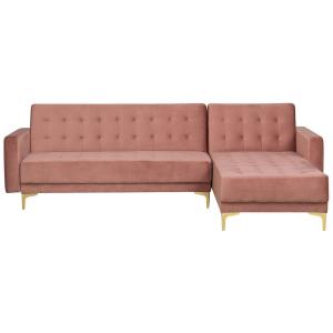 Sofá cama esquinero 4 plazas de terciopelo rosa izquierdo