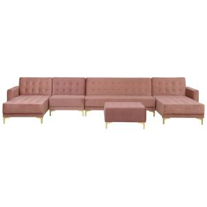 Sofá cama modular en u terciopelo rosa con otomana 6 plazas