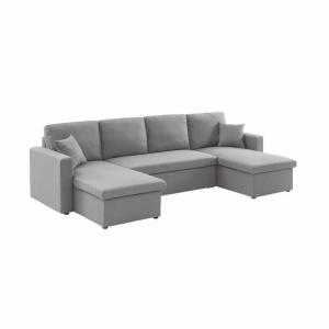 Sofá cama panorámico de 4 plazas en tela, gris claro
