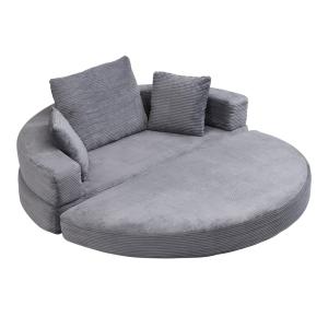 Sofá cama plegable ovalado en pana gris con cojines