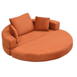 Sofá cama plegable ovalado en pana naranja con cojines