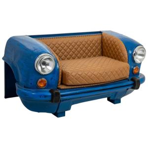 Sofa coche de metal y tapizado azul, 157x68x168h cm