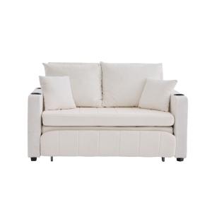 Sofá convertible en tela beige, con puerto USB y portavasos
