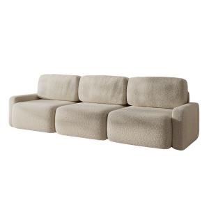 Sofá de 3 módulos en bouclé beige, brazos anchos 90x96x303…