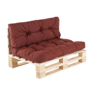 Sofá de palé y cojín de asiento y respaldo rojo
