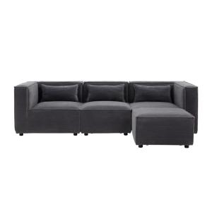 Sofá modular de 3 plazas de pana gris con puf