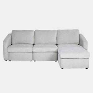 Sofá modular de 3 plazas gris claro con puf