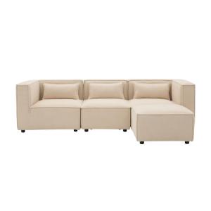 Sofá modular de rizo beige de 3 plazas con puf