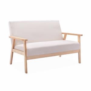 Sofá o banco con tela y patas de madera, 2 plazas, beige