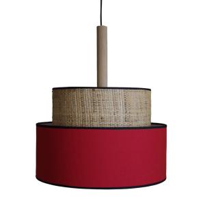 Suspensión bicilíndrico metal madera natural  pantalla rojo…