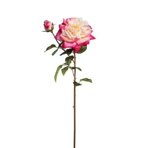 Tallo de rosa abierta artificial blanco y fucsia h80