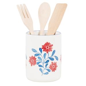 Tarro de cerámica con flores y utensilios de madera de heve…