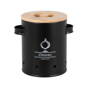 Tarro para cebollas de metal negro y tapa de bambú Alt. 17…