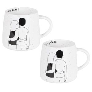 Taza de cerámica blanca y negra con motivo de pareja