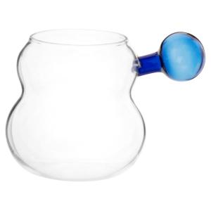 Taza de cristal soplado transparente con asa azul marino