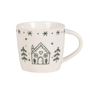 Taza de gres beige con dibujos en relieve verde