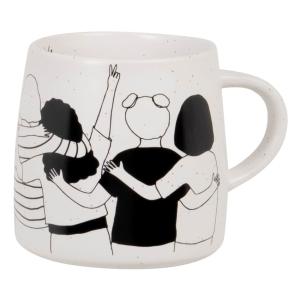 Taza de gres blanco y negro con dibujo de grupo de niñas