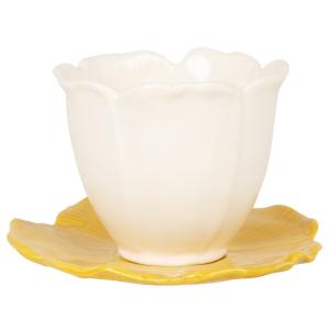 Taza de gres blanco y platillo de flores de gres amarillo