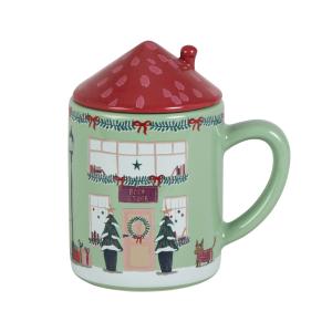 Taza de gres con casa navideña multicolor