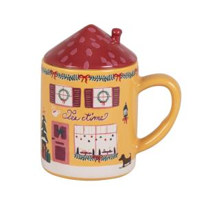 Taza de gres con casa navideña multicolor