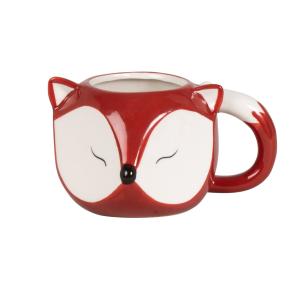 Taza de gres marrón y blanco con zorro