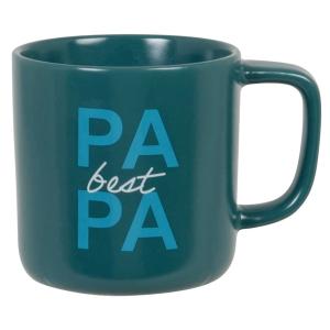 Taza de porcelana verde con inscripciones azules y blancas